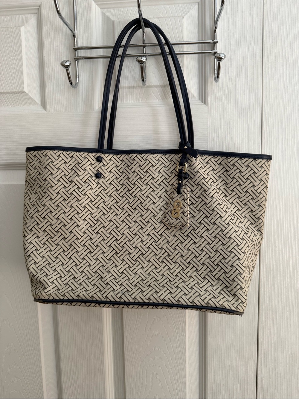 Cole Haan Beige Patterned Tote Bag with Navy Trim